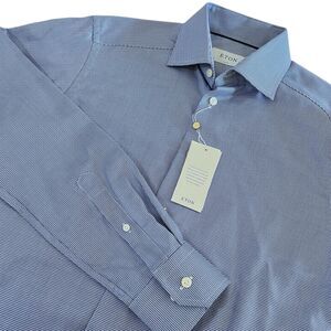 NWT Eton Men’s Size 14.5 37 Slim Fit Houndstooth Dress Shirt Blue White $285